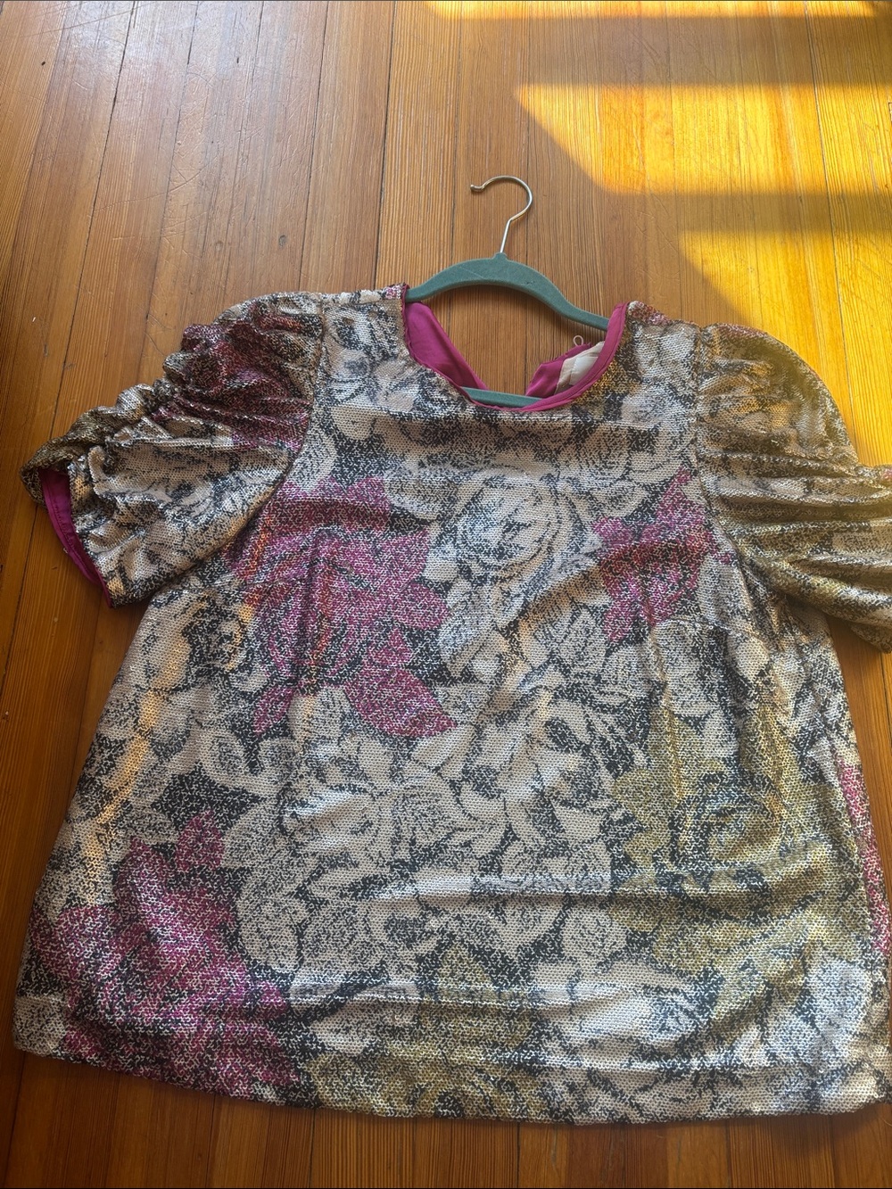 Anthropologie Metallic Floral Short Sleeve Top in Pink and Gold